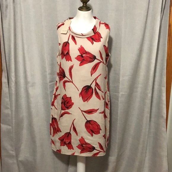 NWT Lina Tomei Linen Dress-Sz M-Beige and Red Floral Print-Wider Folded Collar - Picture 2 of 16